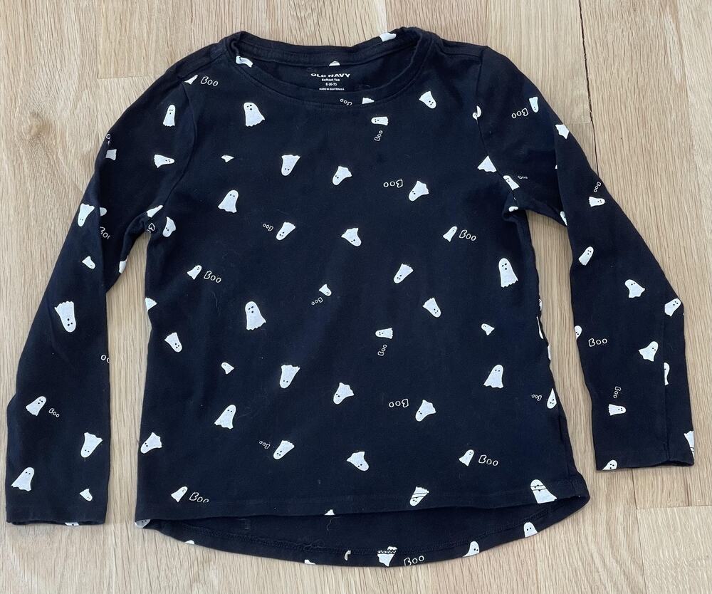 Old Navy Shirt Girls 6-7 Black Ghost Halloween Long Sleeve Crew Neck Softest Tee